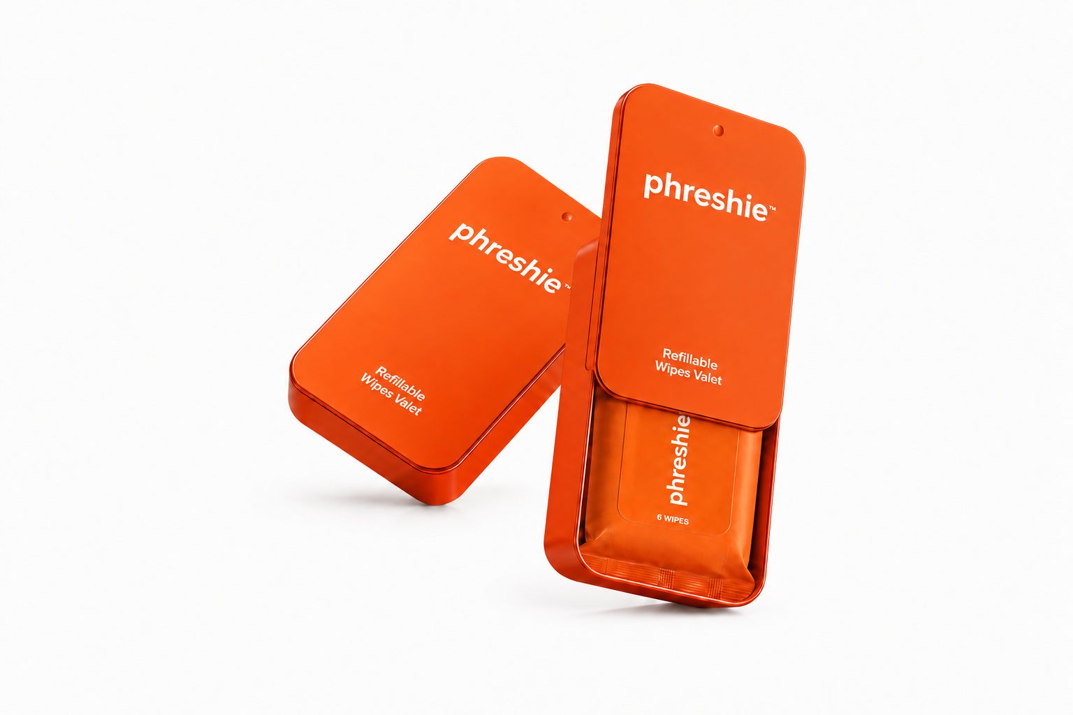 Two Phreshie Refillable Wipes Valets, one sliding open to reveal a Phresh Pack refill