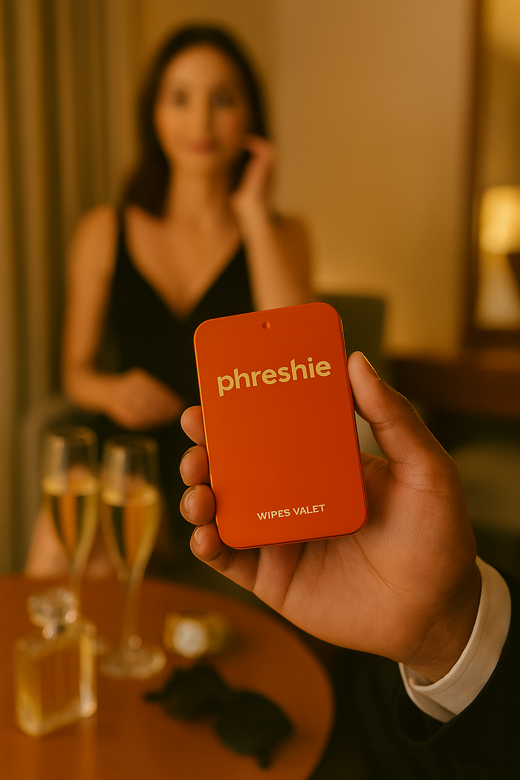 Phreshie held by a hand in an elegant setting with champagne